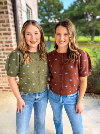 Cocoa & Baby Blue Polka Dot Scalloped Trim Sweater