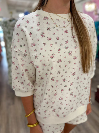 Ivory Floral Forevermore Crew Neck & Shorts Set