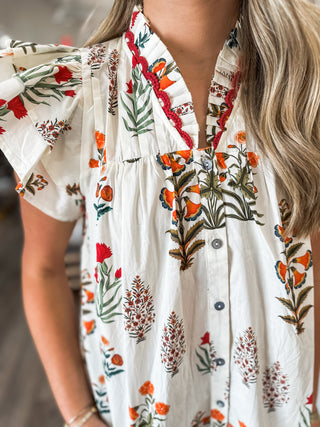 Cream Whimsy Blooms Button-Up Top
