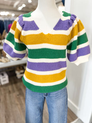 Bourbon Street Striped Puffy Sleeve V-Neck Sweater