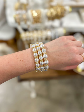 Claire Pearl Beaded & Gold Set of 3 Stretch Bracelets