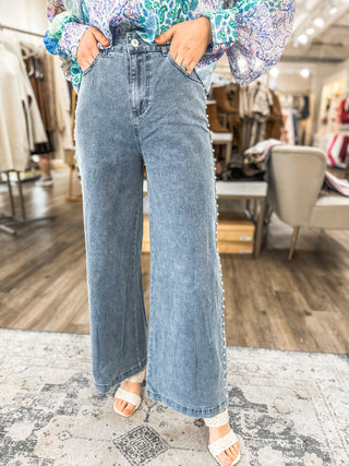 Pearls All the Way Denim Blue Wide Leg Pants