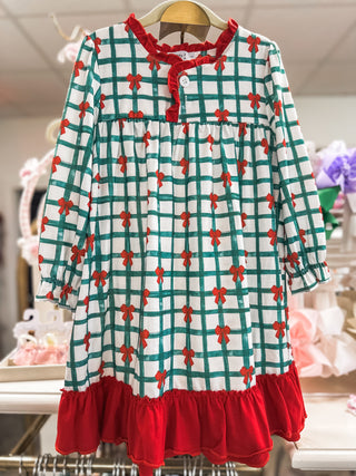 Green & Red Plaid Bow Ruffle Gown