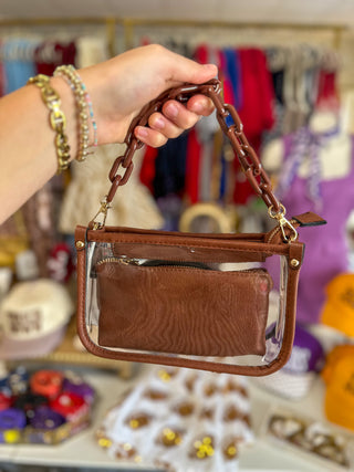 Brown Jessica Stadium Clear Crossbody Bag w/ Chain Accent