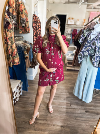 Burgundy Garden Stroll Ruffle Neck Mini Dress