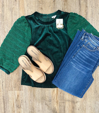 Green Living for Texture Half Sleeve Sparkle Velvet Top