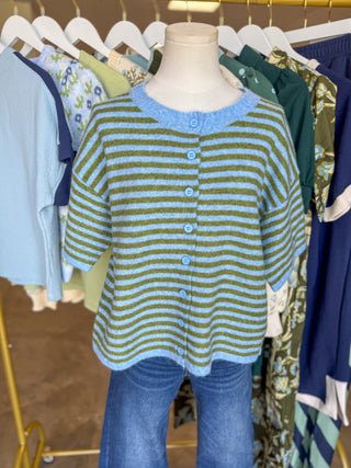 Blue & Olive Striped Weekend Stroll Button Down Cardigan
