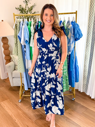 Navy Collins Garden V-Neck Midi Dress