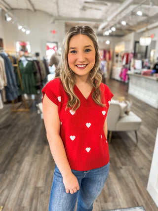 The Gift of Love Red/Cream Heart Pattern Knit Sleeveless Sweater Vest Top