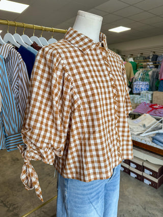 Caramel Gingham Picnic Scallop Trim Blouse