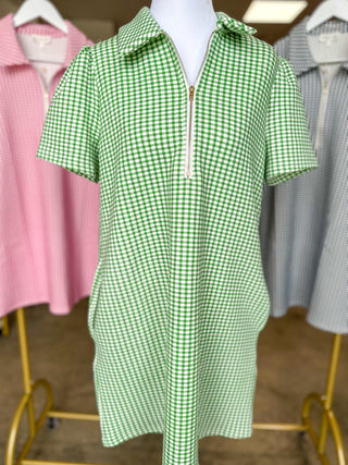 Green Go-To Gingham Half Zip Mini Dress