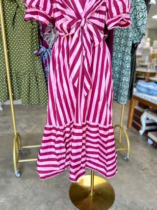 Pink & Wine Stripe Society Tie Waist Maxi Dress