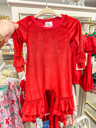 Red Velvet Ruffle Flared Romper