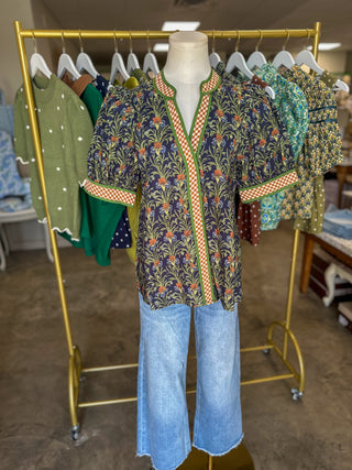 Navy Harvest Bloom W/ Gingham Trim Top