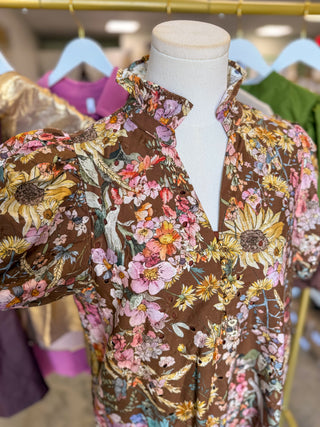 Brown Fields of Florals Eyelet Midi Dress