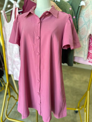 Mauve Charm Button Down Collared Mini Dress