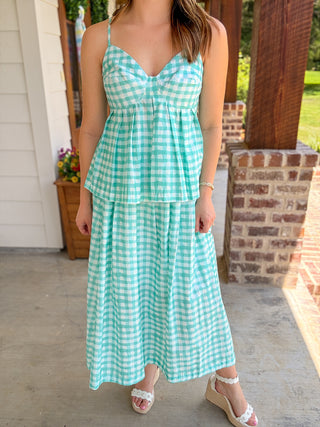 Mint Green Gingham Midi Skirt Set
