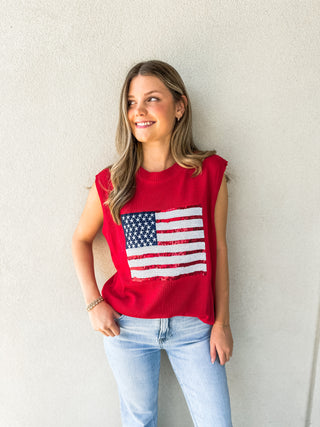 Red Born In The USA Sequin Flag Sleeveless Knit Top