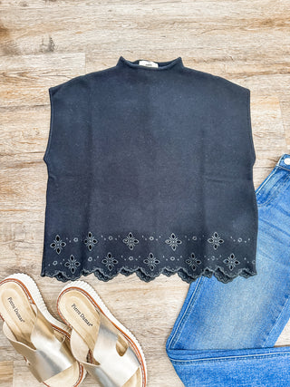 Black Soft & Sleek Scalloped Eyelet Hem Sweater Top