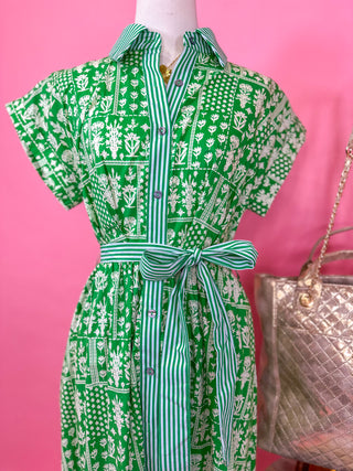 Green Backyard Bloom Tie Waist Midi Dress