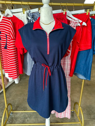 Navy & Red Detailed Zip Up Collared Drawstring Waist Dress