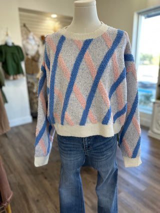 Stripe a Pose Fluffy Sweater Top Denim Blue/Ivory/Blush