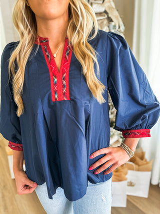 Navy Winterberry Plaid Top