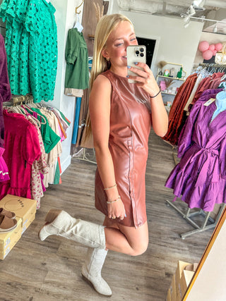 Brown Lovely Looks Faux Leather Dress with Side Zip Detail