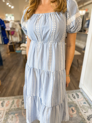 Blue Gingham Grace Embroidered Tiered Midi Dress