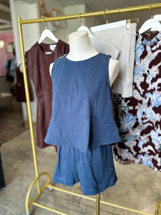 Navy Winning Wonder Contrast Stitch Sleeveless Shorts Set