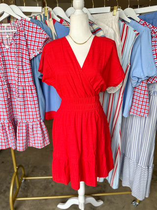 Red Soft Structure Smocked V-Neck Mini Dress
