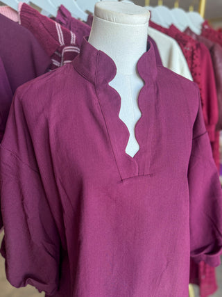 Plum Green Autumn Elegance Scallop Trim Top