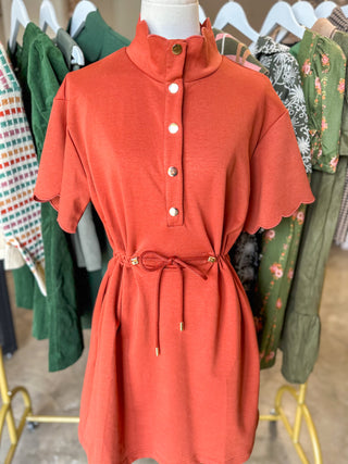 Rust Sutton Scalloped Tie Waist Mini Dress