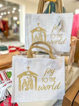 Joy to the World Nativity Gift Tote White/Light Gold