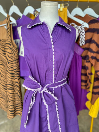 Purple Petal Scallop Belted Mini Dress