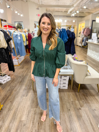 Sea Green 3/4 Sleeve Smock Waist Zip It Top