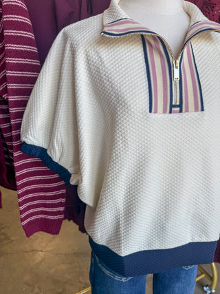 Cream & Navy Clubhouse Quarter Zip Mock Neck Top