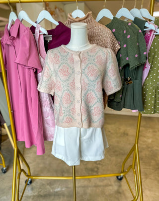 Cream Mint Subtle Floral Button-Up Short Sleeve Sweater