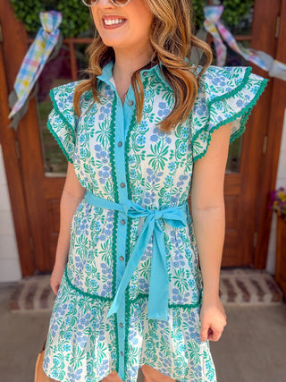 Blue Fresh Picked Floral Flutter Sleeve Mini Dress
