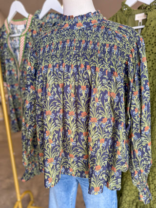 Navy Hidden Blooms Smocked Blouse
