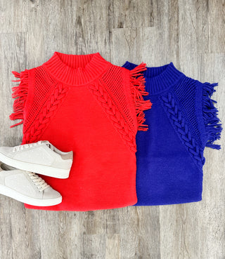 Candy Red Fun & Fringy Cable Knit Trim Sleeveless Sweater