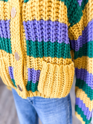 Mardi Party Striped Long Sleeve Cardigan Sweater