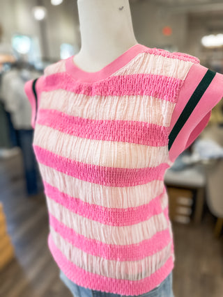 Hues of Pink Striped Sleeveless Top W/ Hunter Green Striped Accent Band