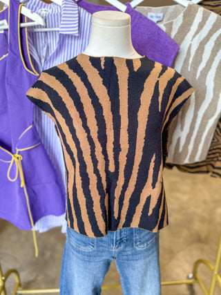 Black & Brown Tiger Stripe Boxy Mock Neck Sweater Top