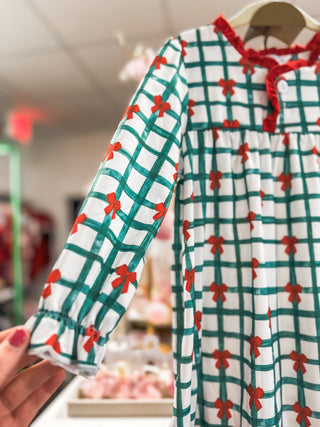 Green & Red Plaid Bow Ruffle Gown