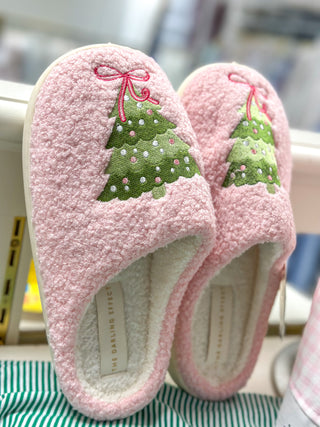 Twinkling Trees Pink Fuzzy Slippers