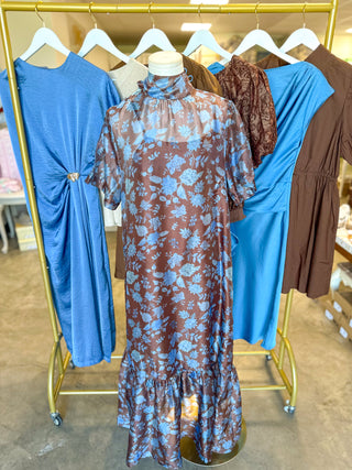 Cocoa & Blue Blooms Midi Dress