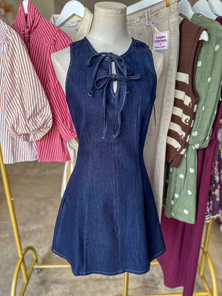 Dark Denim Darling Tie Neck Flare Mini Dress