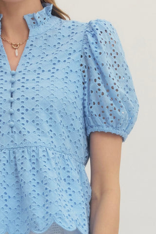 Blue Eloise Eyelet Peplum Top