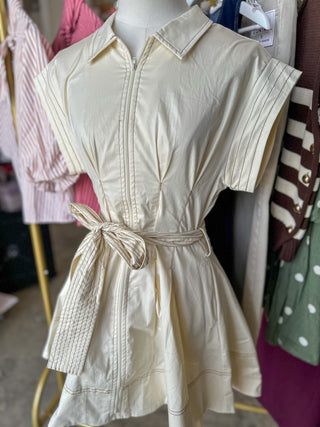 Cream Utility Contrast Stitch Pleated Mini Dress
